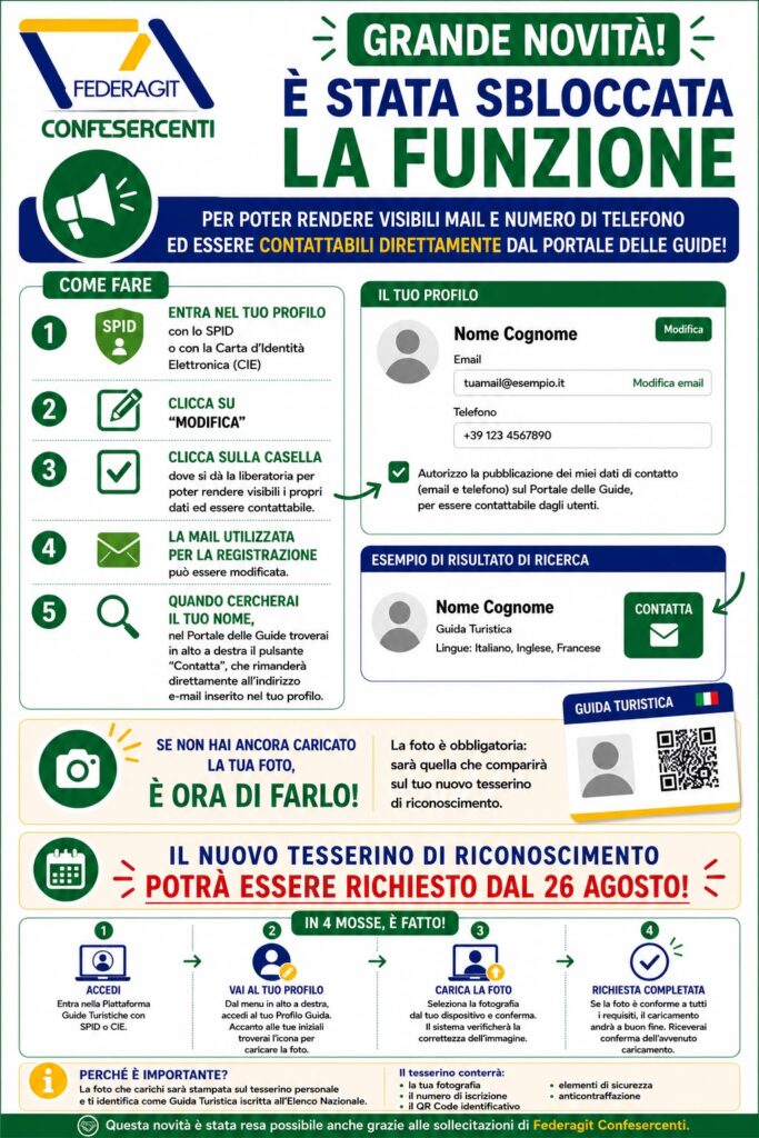 NUOVA FUNZIONE SBLOCCATA: SU ENGT E' ORA POSSIBILE RENDERE VISIBILI I PROPRI RECAPITI PROFESSIONALI PER ESSERE CONTATTATI DA TURISTI, AGENZIE DI VIAGGIO, TOUR OPERATOR, MUSEI ED ALTRI OPERATORI